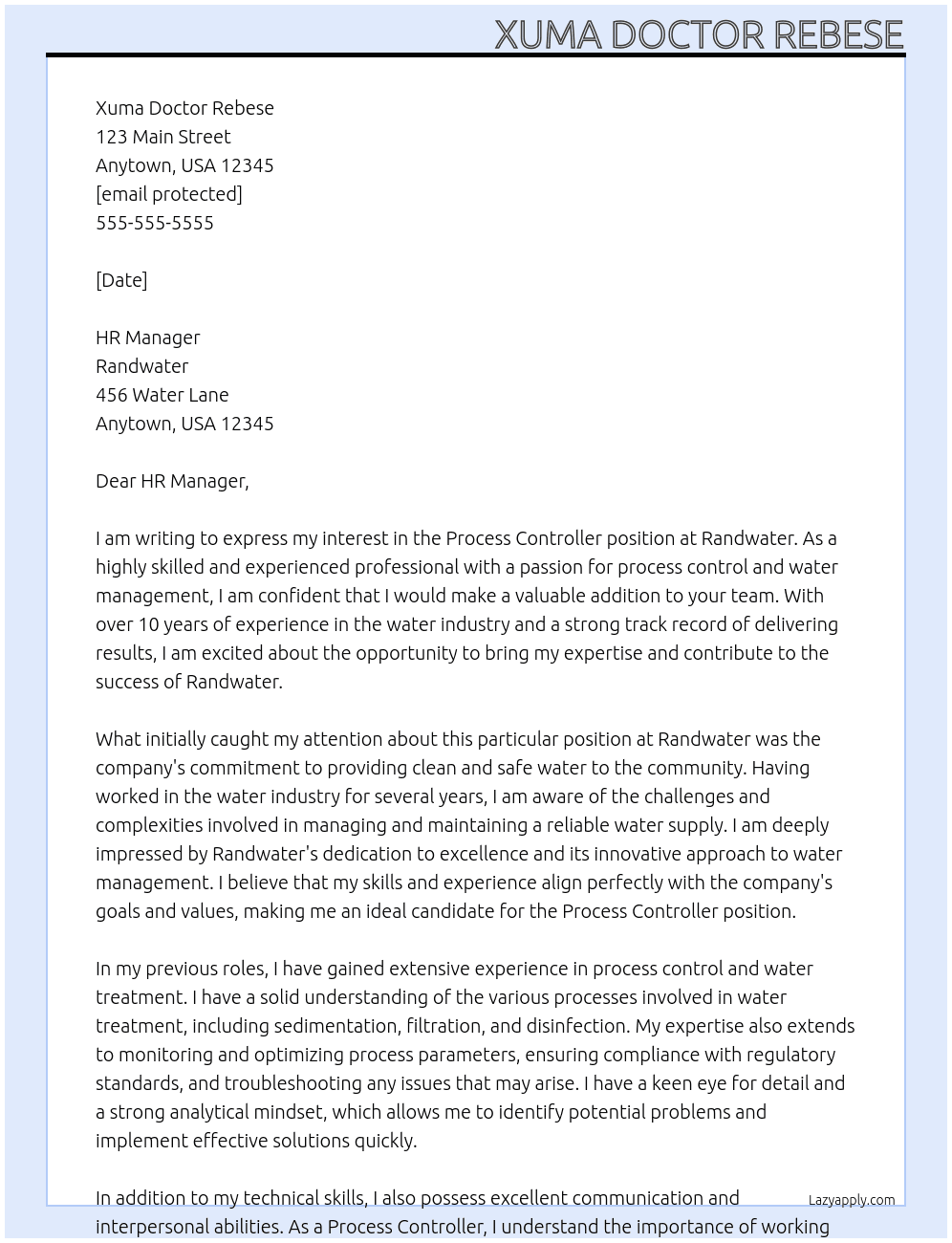 Process controller At Randwater Cover Letter