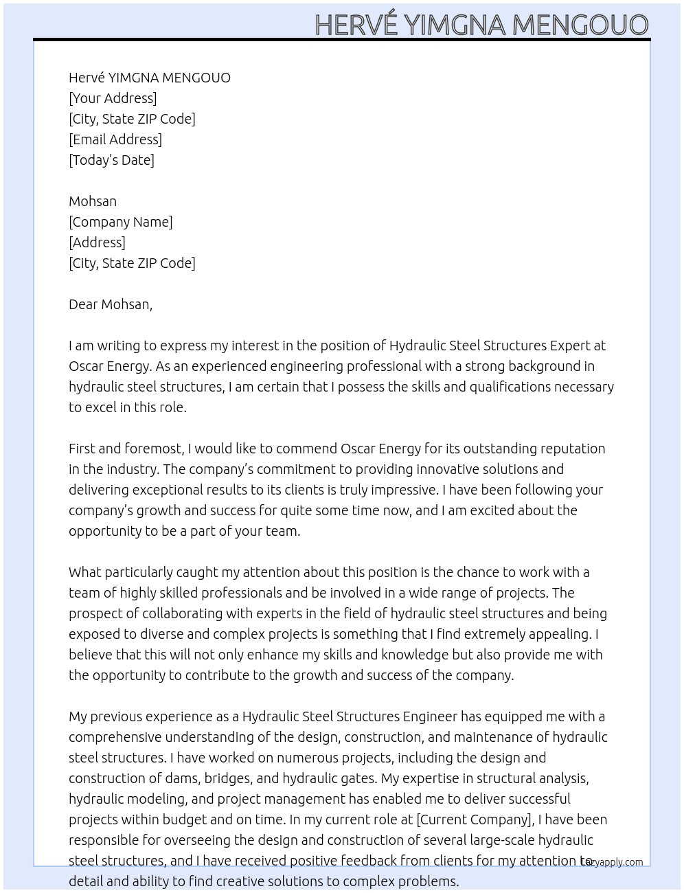 Hydraulic Steel Structures Expert At Oscar Energy Cover Letter