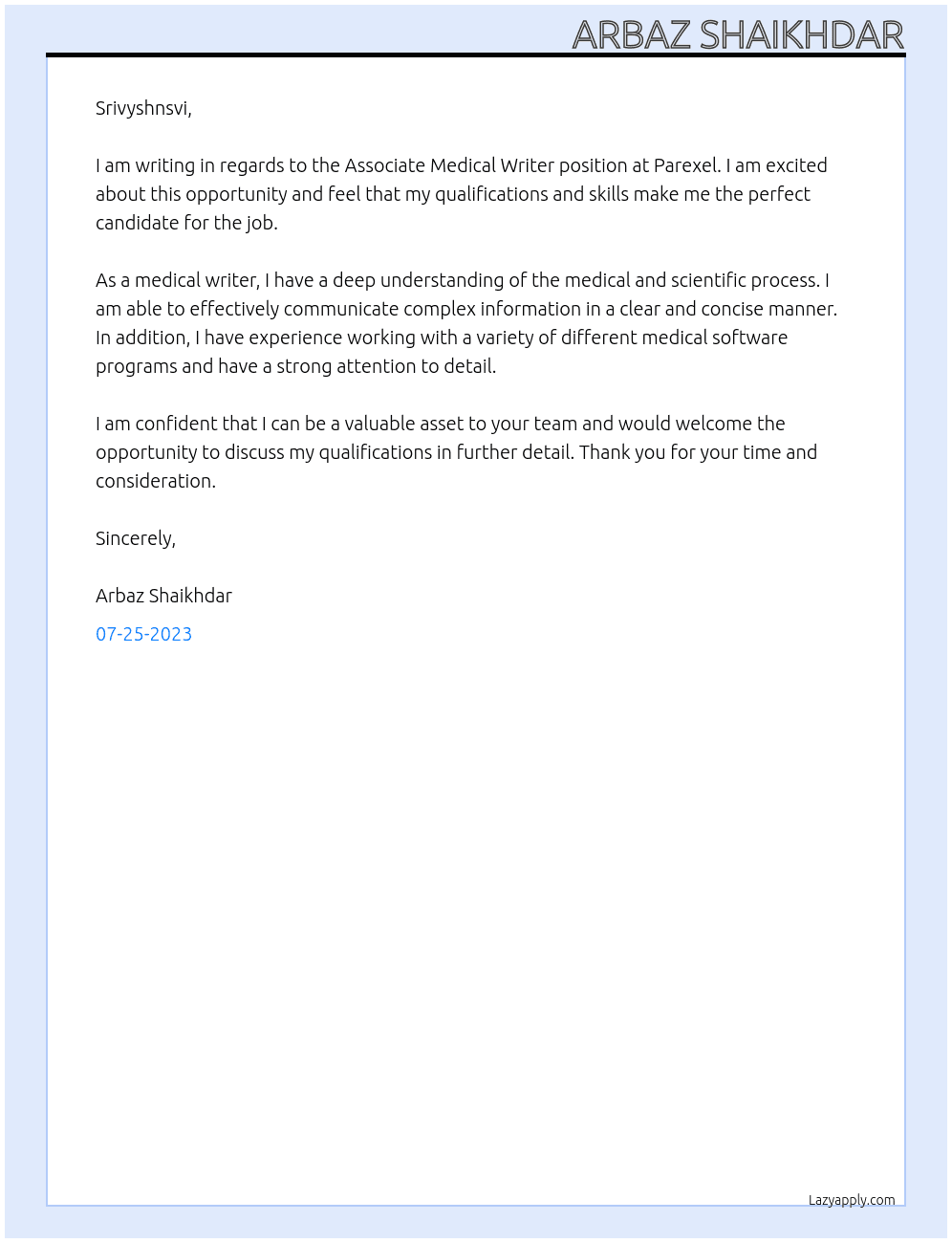 Associate medical writer  At Parexel Cover Letter