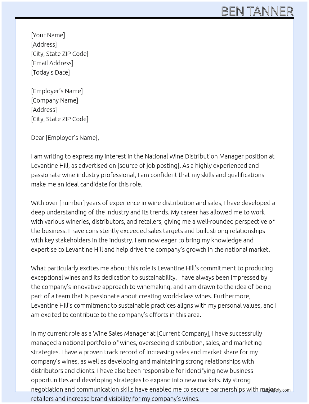 National Wine Distribution Manager At Levantine Hill Cover Letter