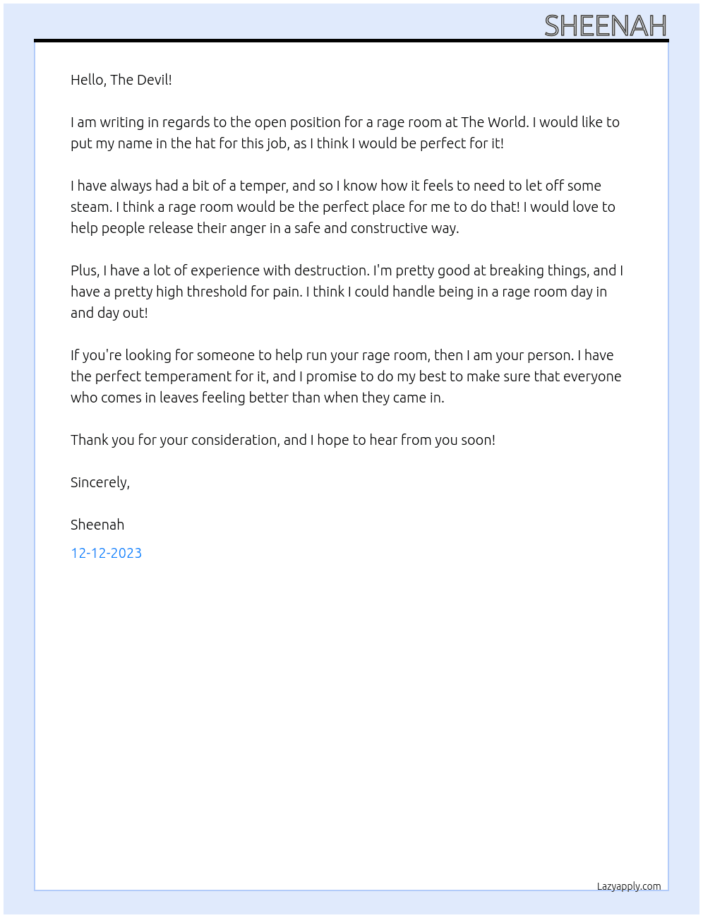 rage room At the world Cover Letter