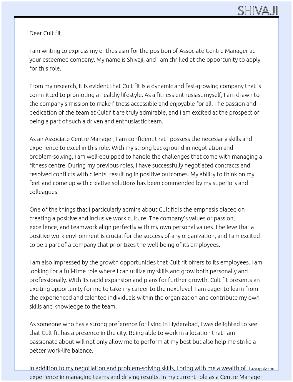 Associate centre manager  At Cult fit Cover Letter