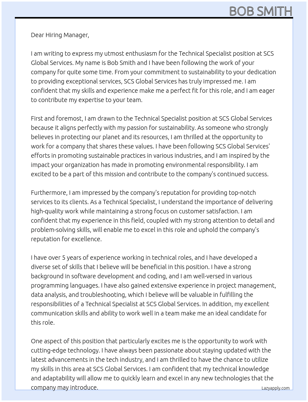 Technical Specialist At SCS Global Services Cover Letter