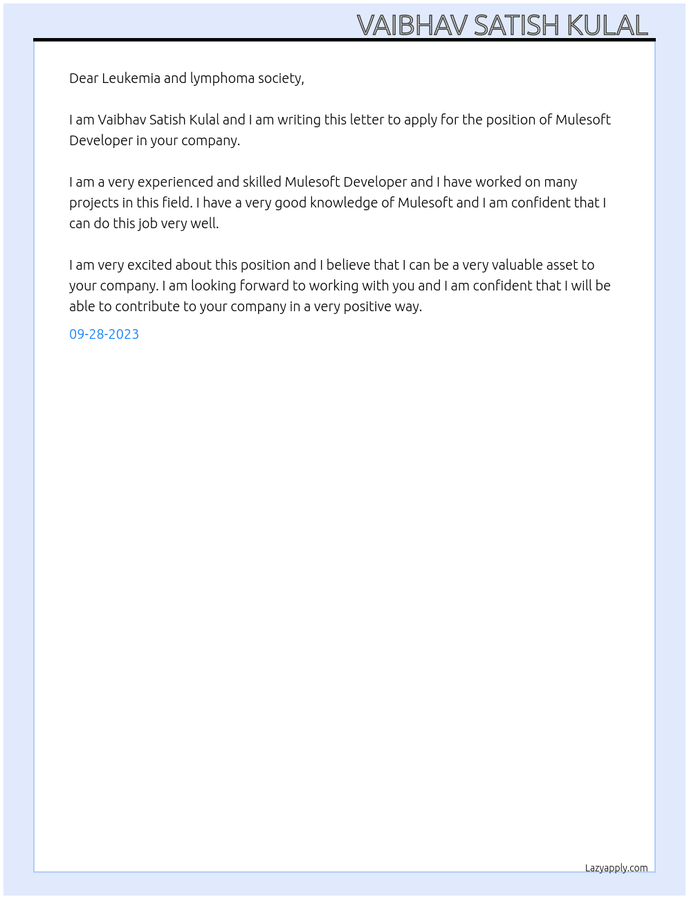 Mulesoft Developer At Leukemia and lymphoma society Cover Letter
