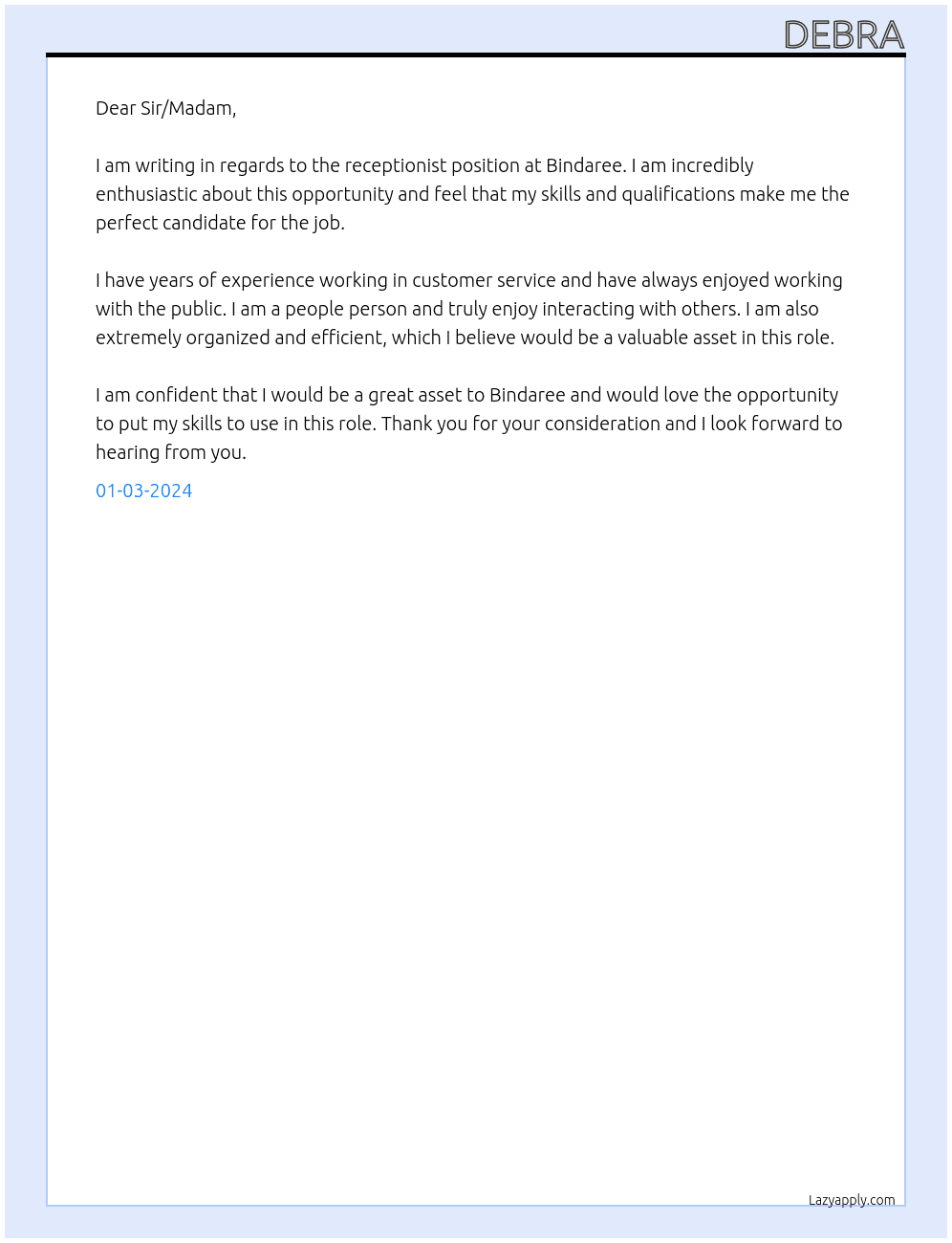 Receptionist At Bindaree Cover Letter