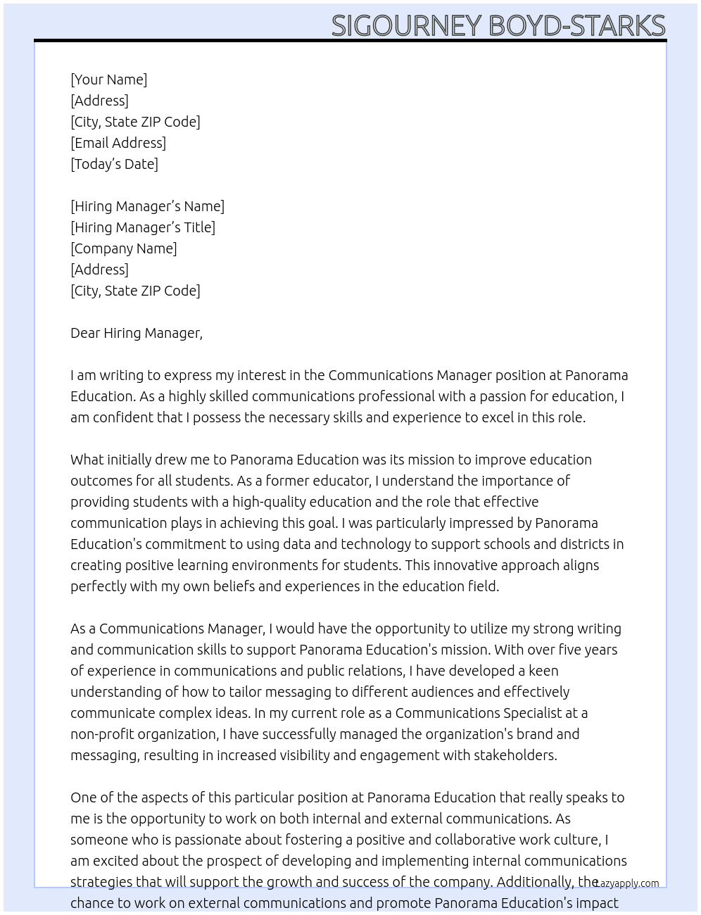 Communications Manager  At Panorama Education  Cover Letter