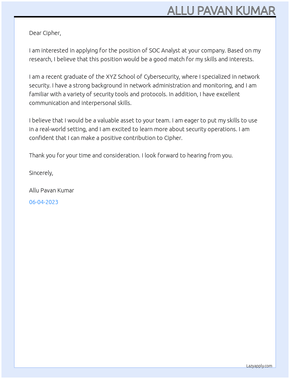 soc analyst At cipher  Cover Letter