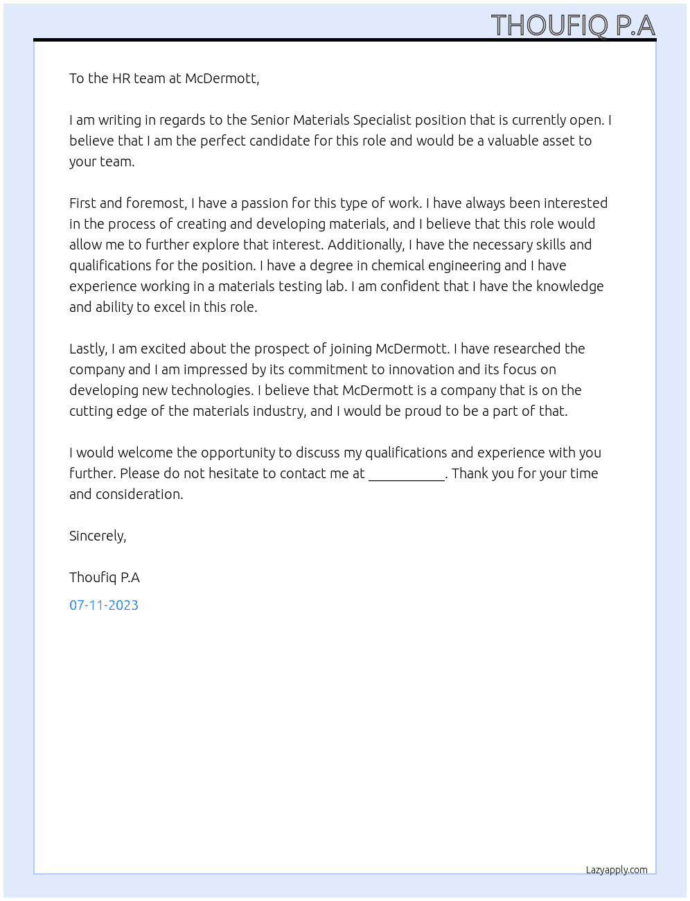Cover letter for senior materials specialist - LazyApply