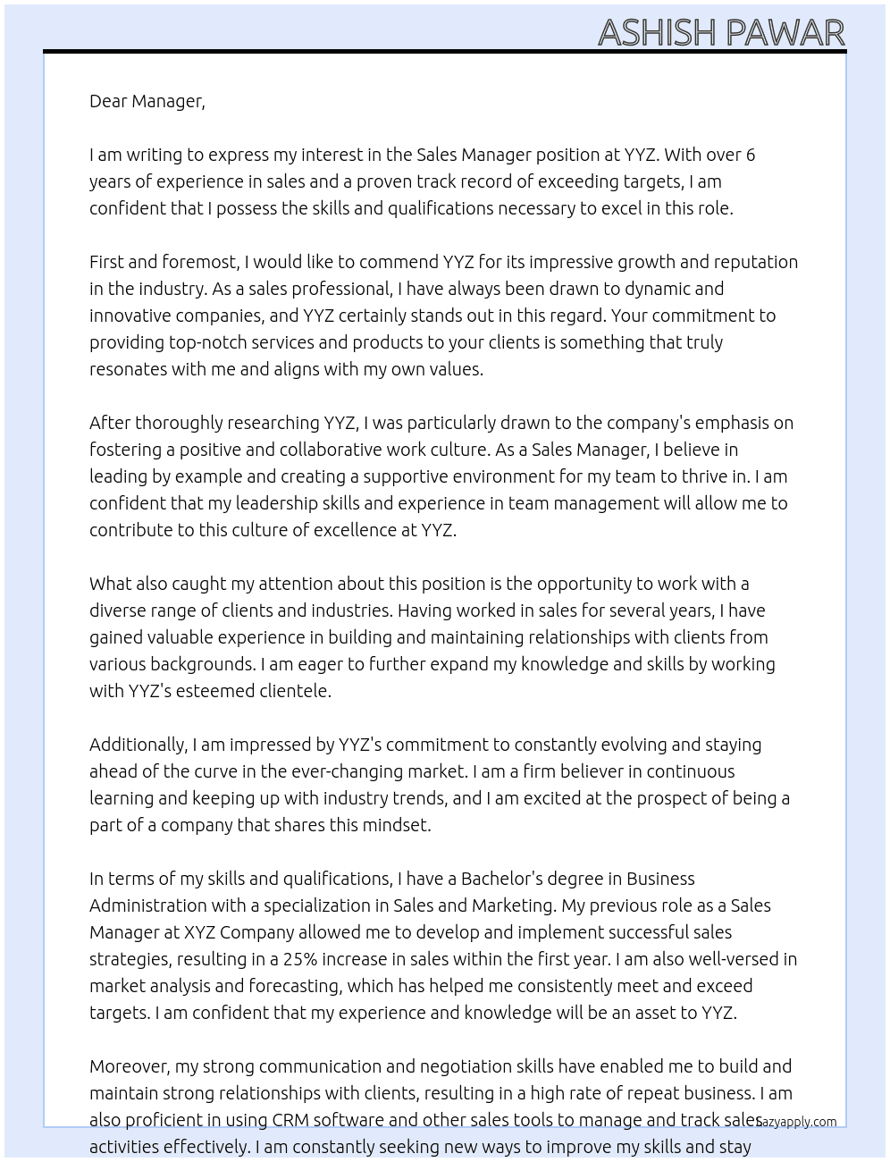 Sales manager At Yyz Cover Letter