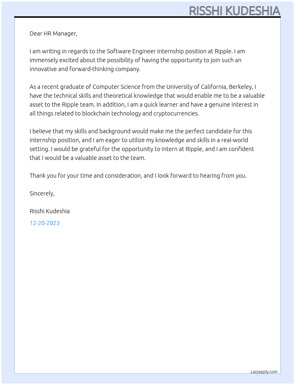Software Engineer Internship At Ripple Cover Letter