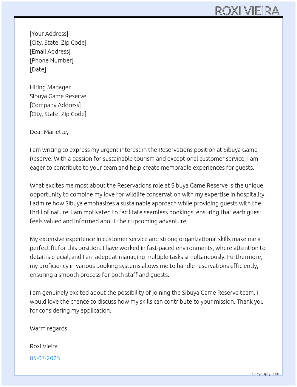 Reservations  At Sibuya Game Reserve Cover Letter