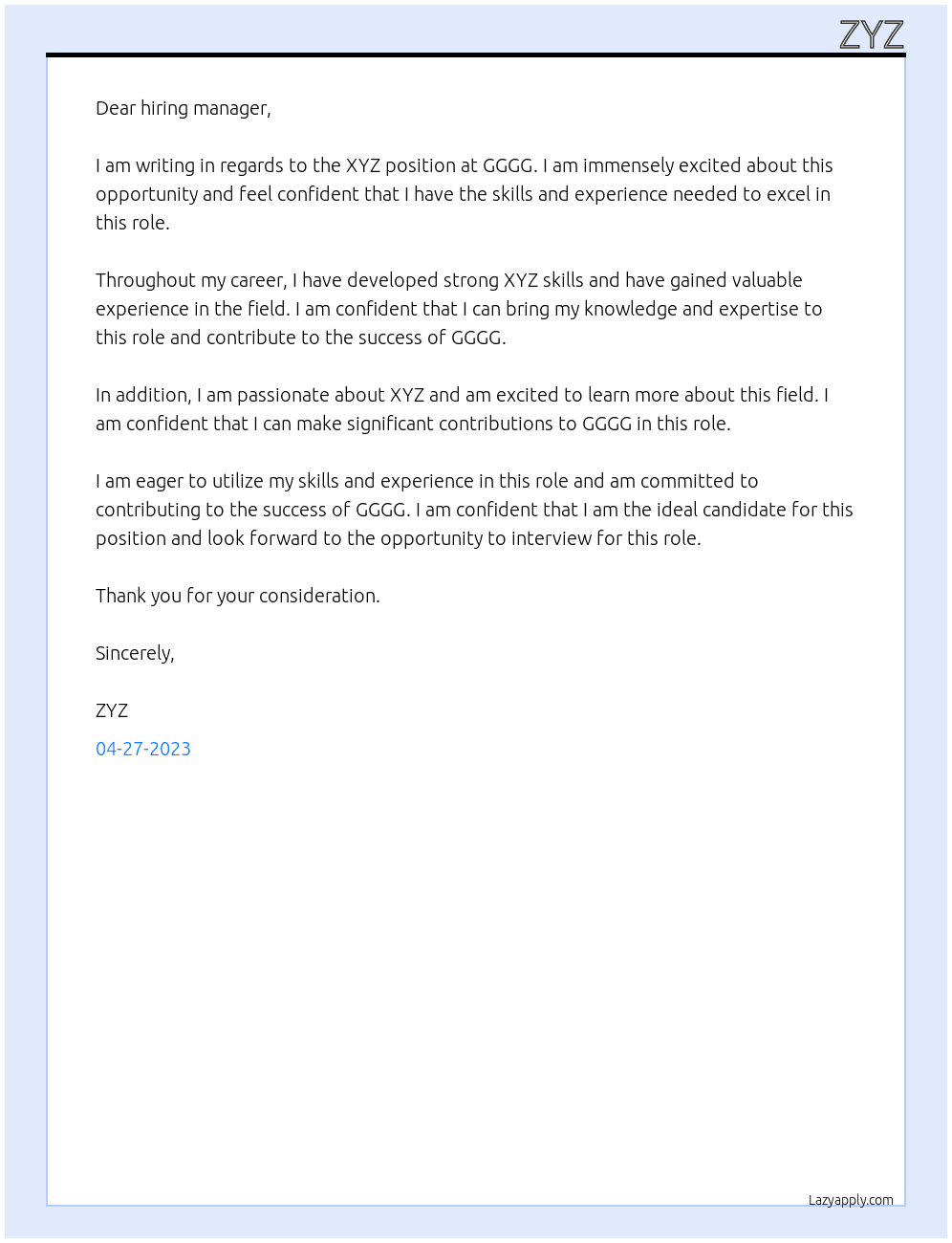 XYZ At GGGG Cover Letter