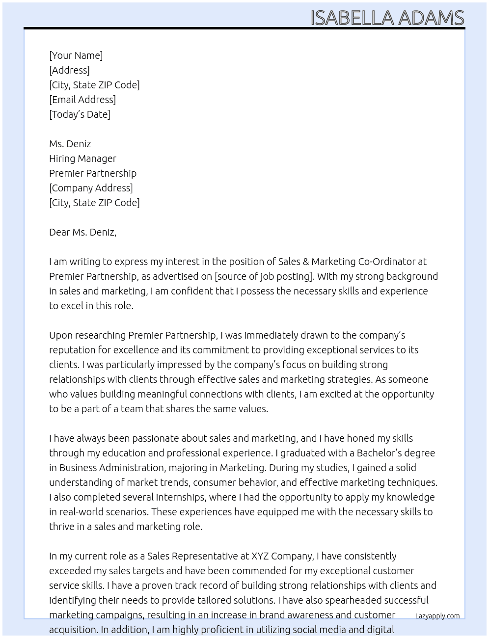 Sales & Marketing Co-Ordinator At Premier Partnership Cover Letter