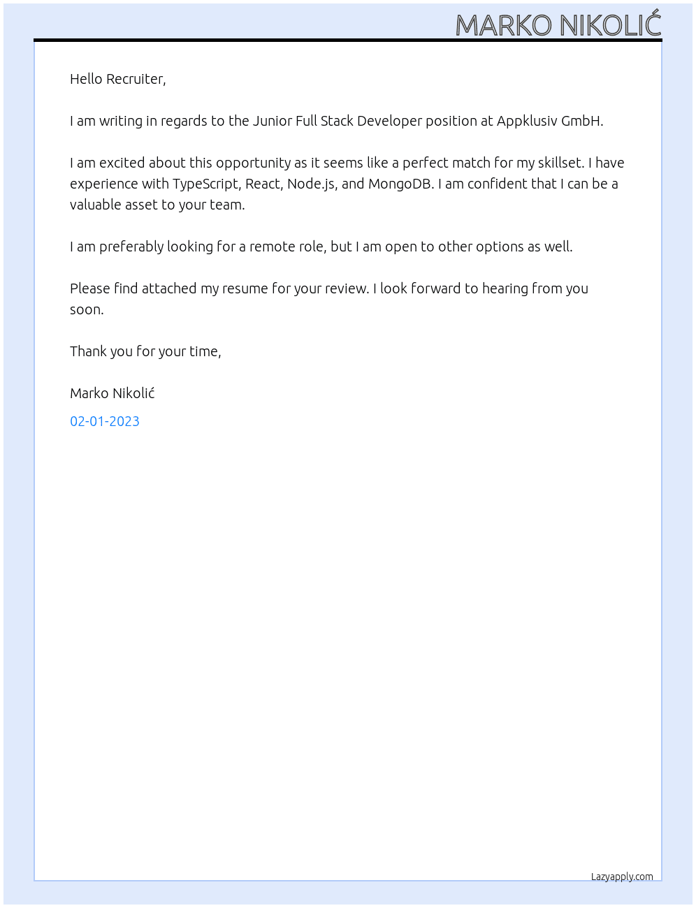 Junior Full Stack Developer  At Appklusiv GmbH Cover Letter