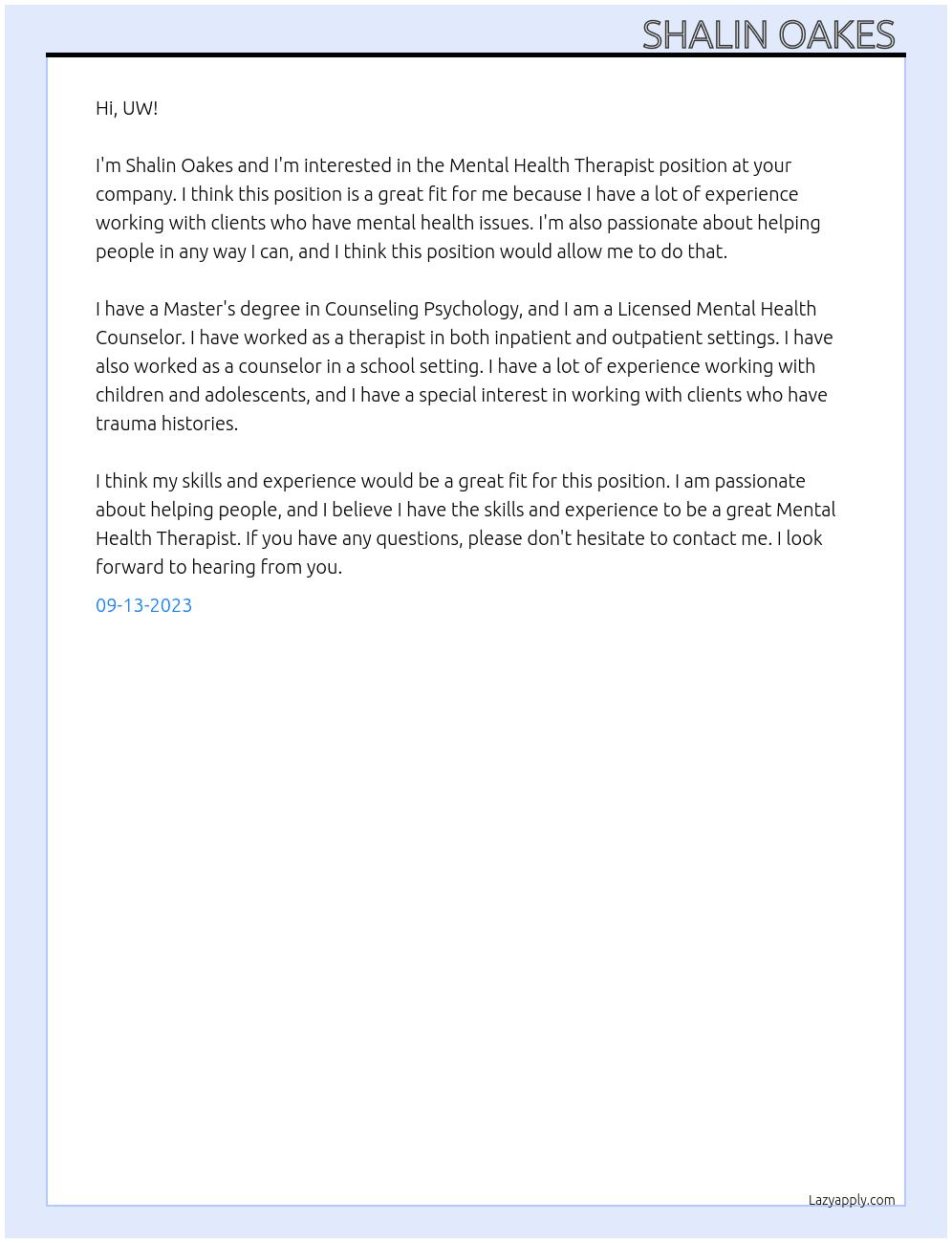 Mental Health Therapist  At UW Cover Letter