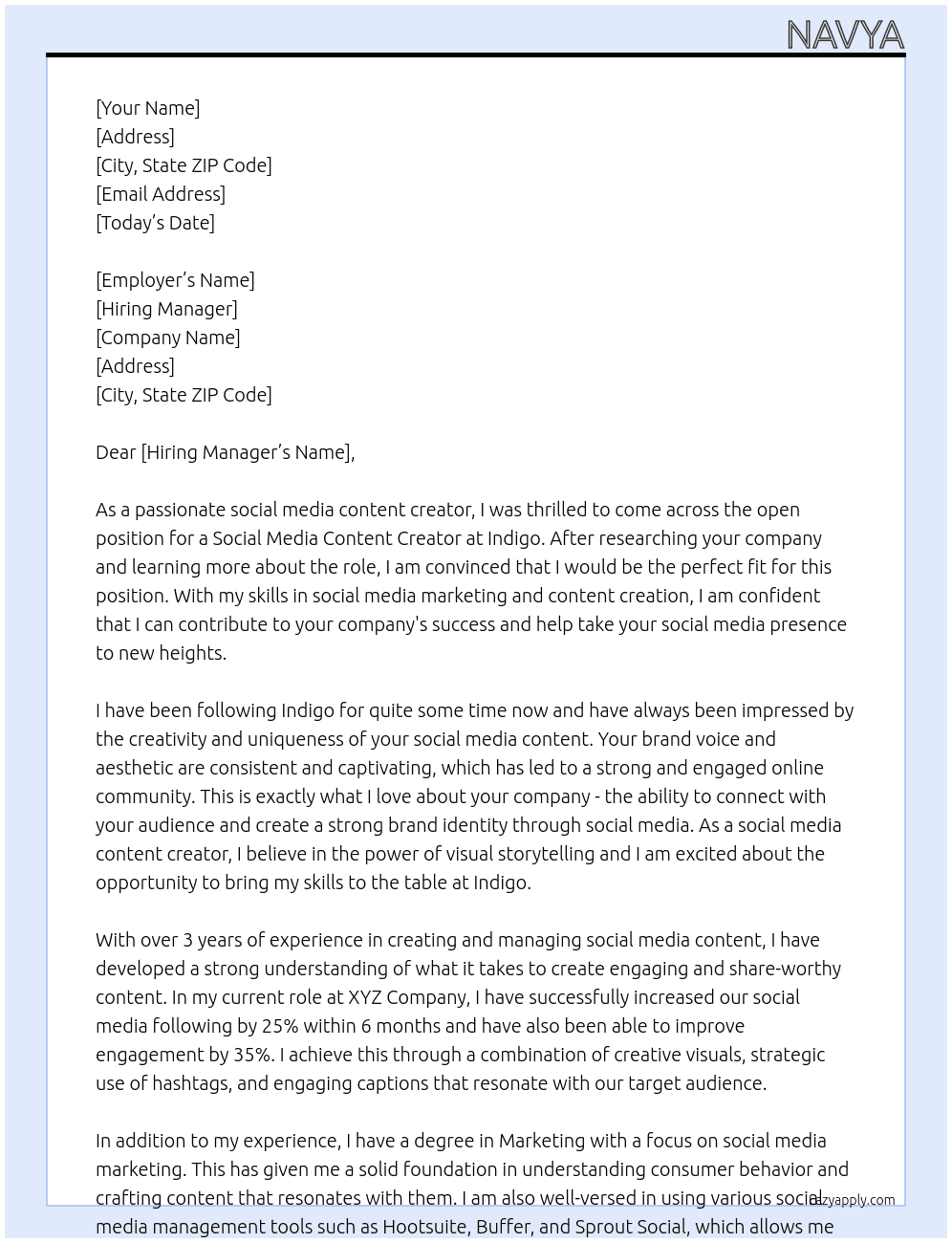 social media content creator At indigo Cover Letter