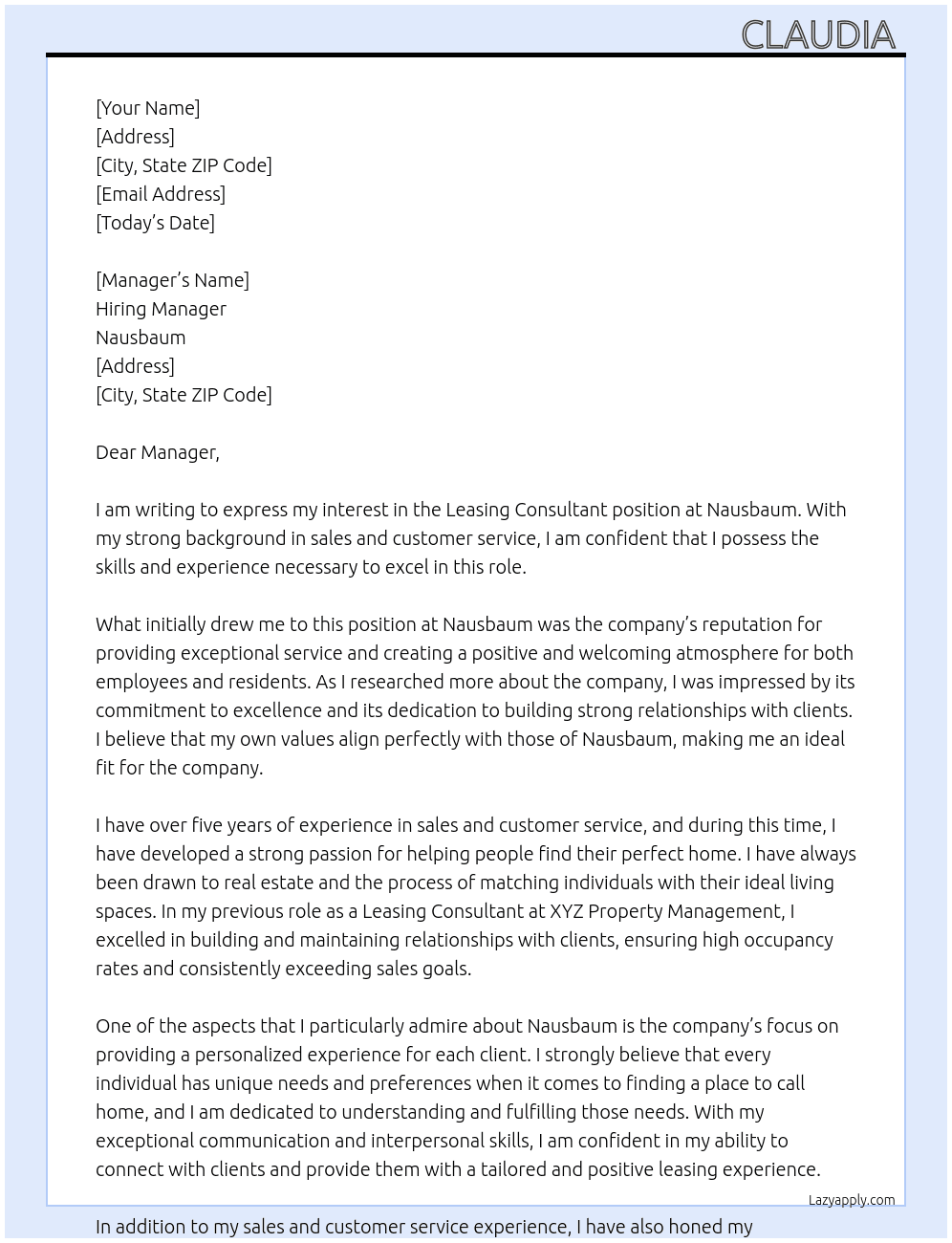 Leasing Consultant  At Nausbaum Cover Letter