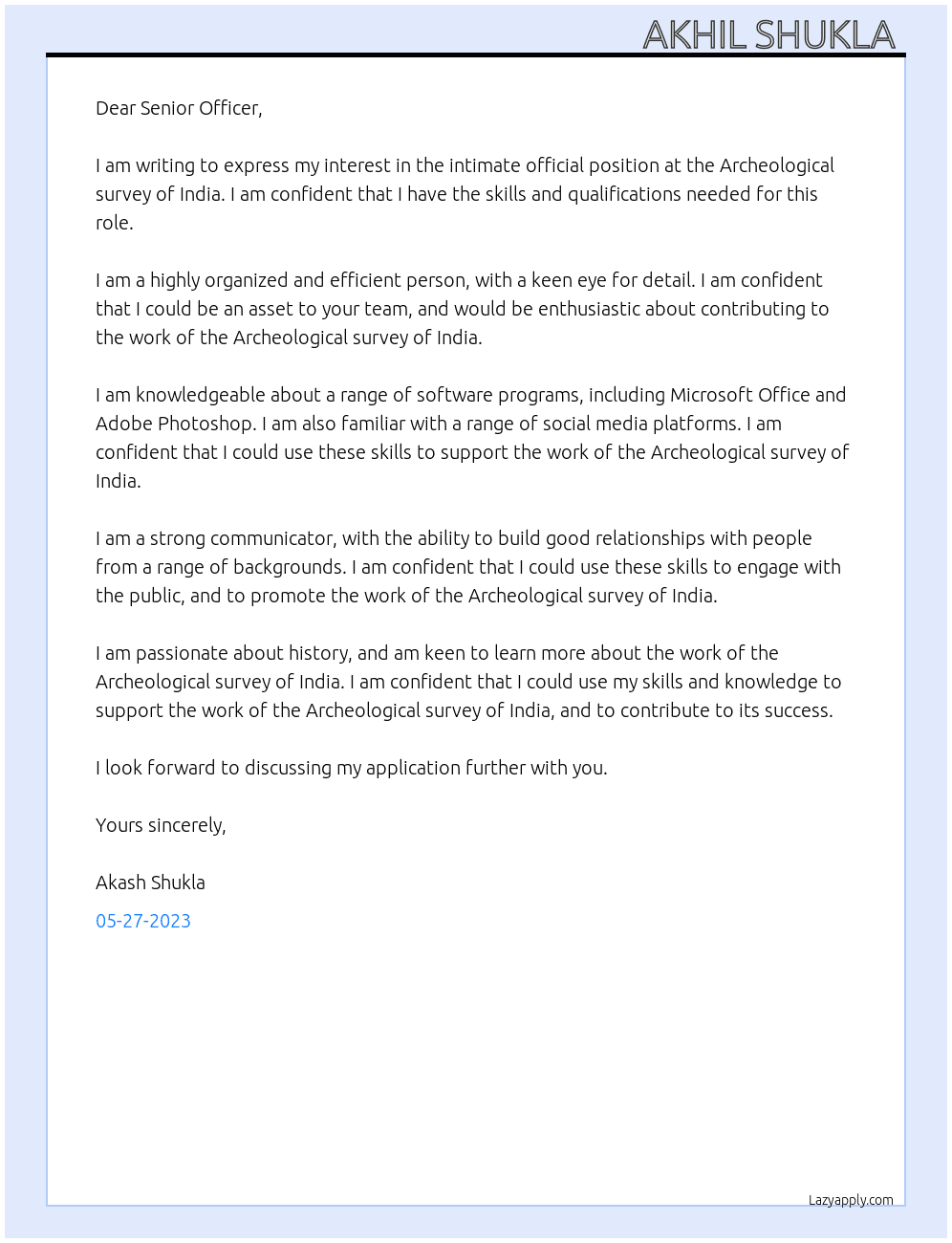 Intimate official  At Archeological survey of India  Cover Letter