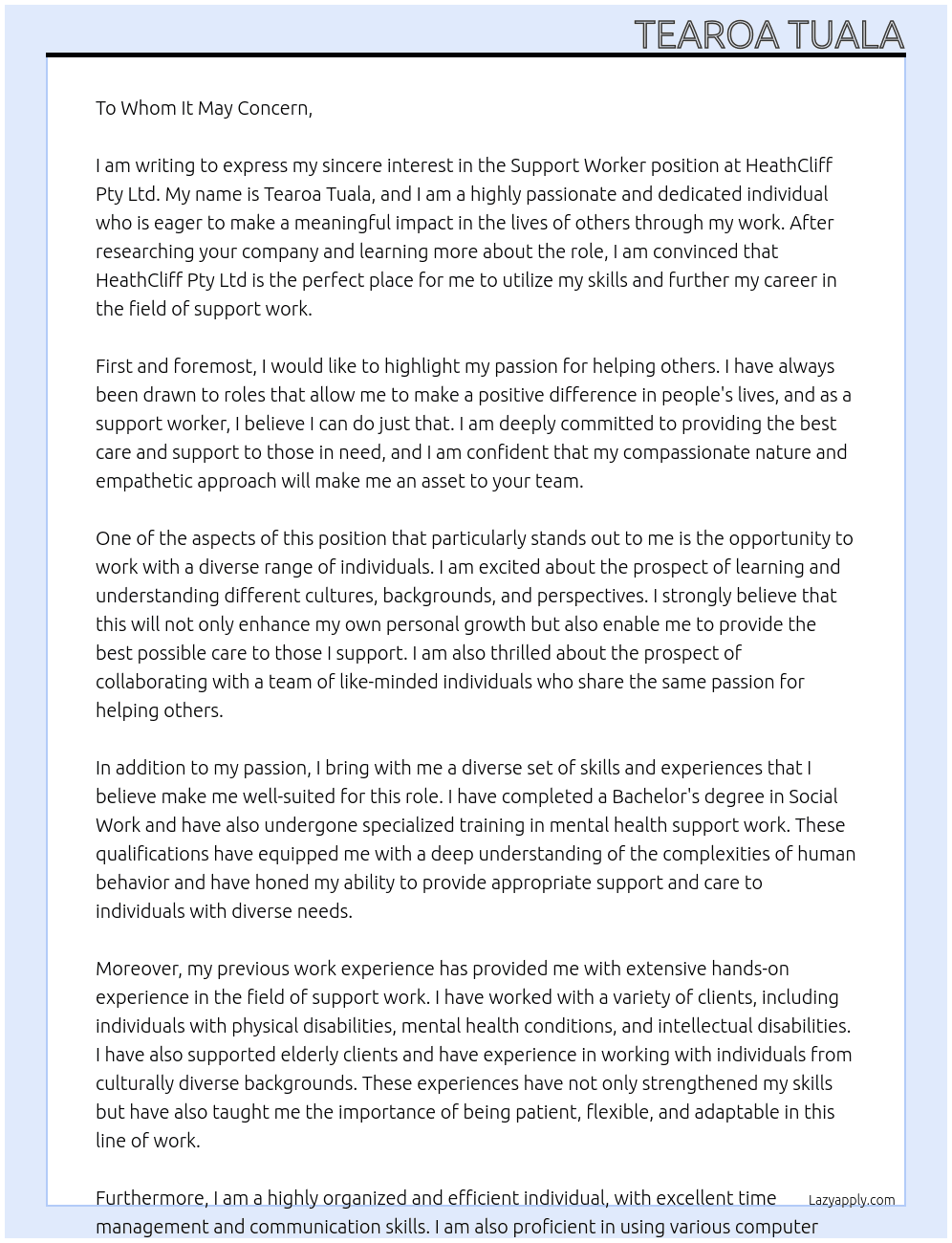 Support Worker At HeathCliff Pty Ltd Cover Letter