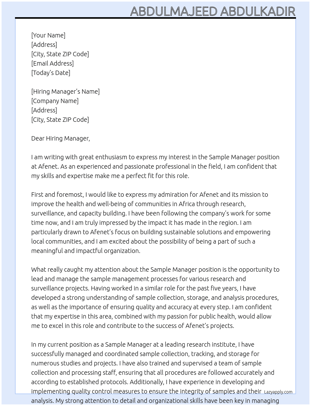 Sample Manager  At Afenet  Cover Letter