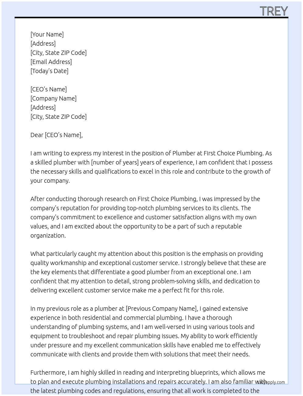 plumber At first choice plumbing  Cover Letter