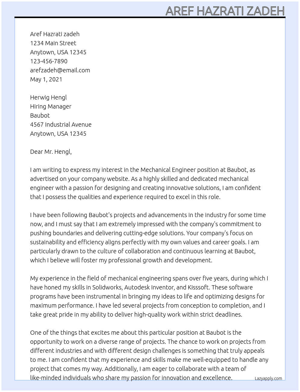 Mechanical Engineer At Baubot Cover Letter