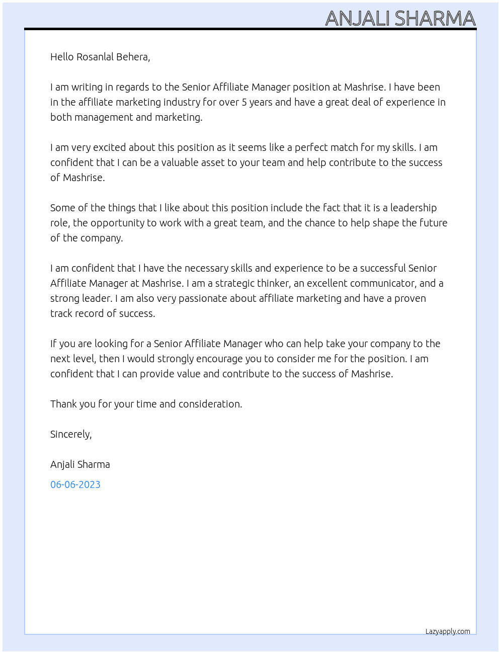 Senior Affiliate Manager At Mashrise Cover Letter