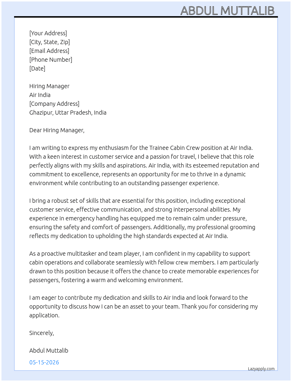 Trainee Cabin Crew At Air India  Cover Letter
