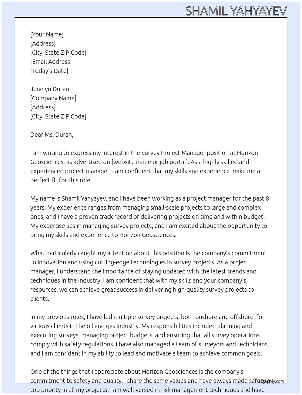 Survey Project Manager At Horizon Geosciences Cover Letter