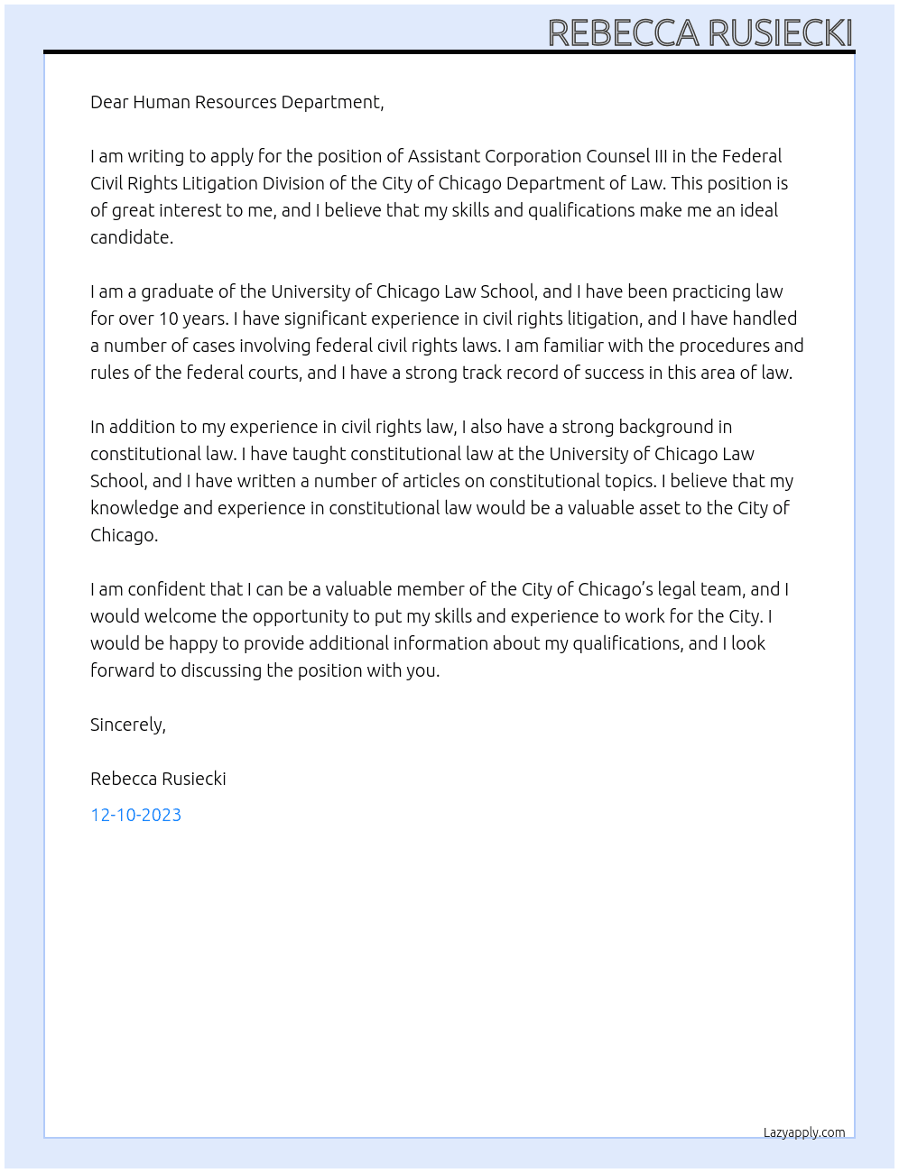 Assistant Corporation Counsel III, Federal Civil Rights Litigation Division At City of Chicago Department of Law Cover Letter