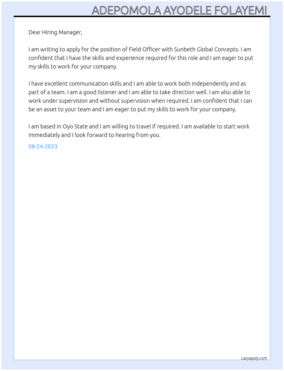 Field Officer  At Sunbeth Global Concepts  Cover Letter