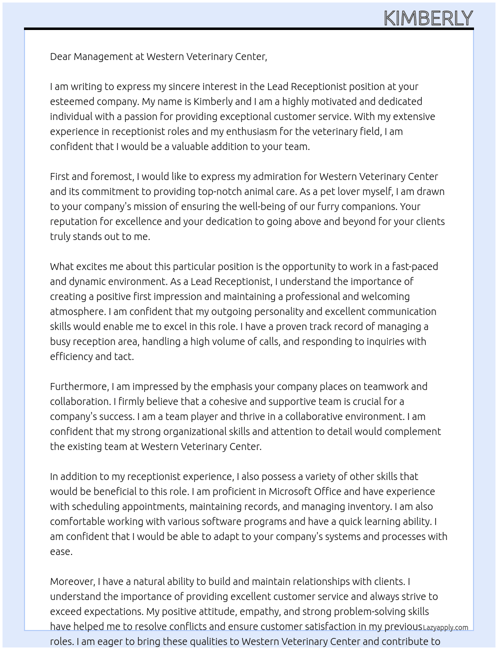 Lead receptionist  At Western Veterinary Center Cover Letter