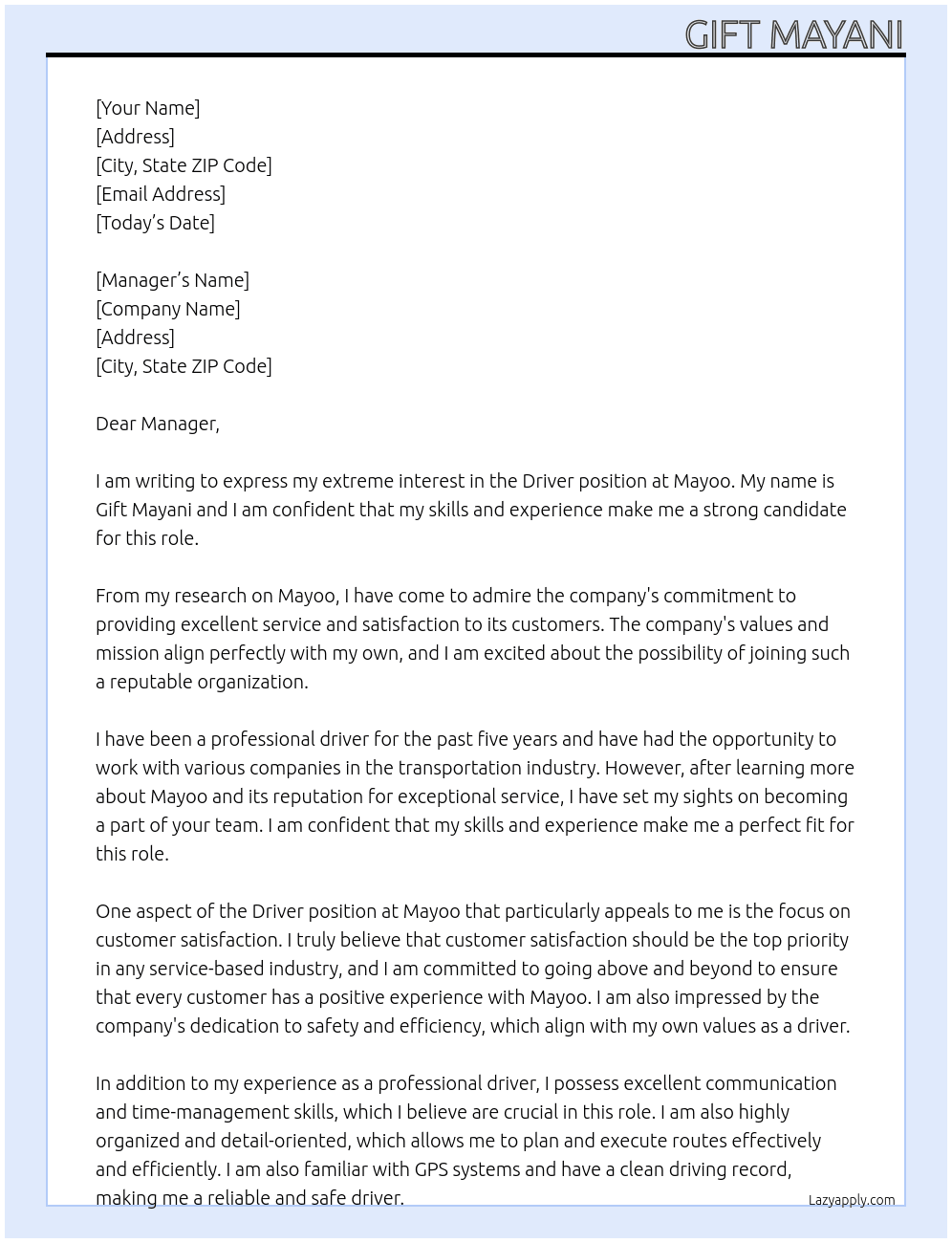 Driver At Mayoo Cover Letter