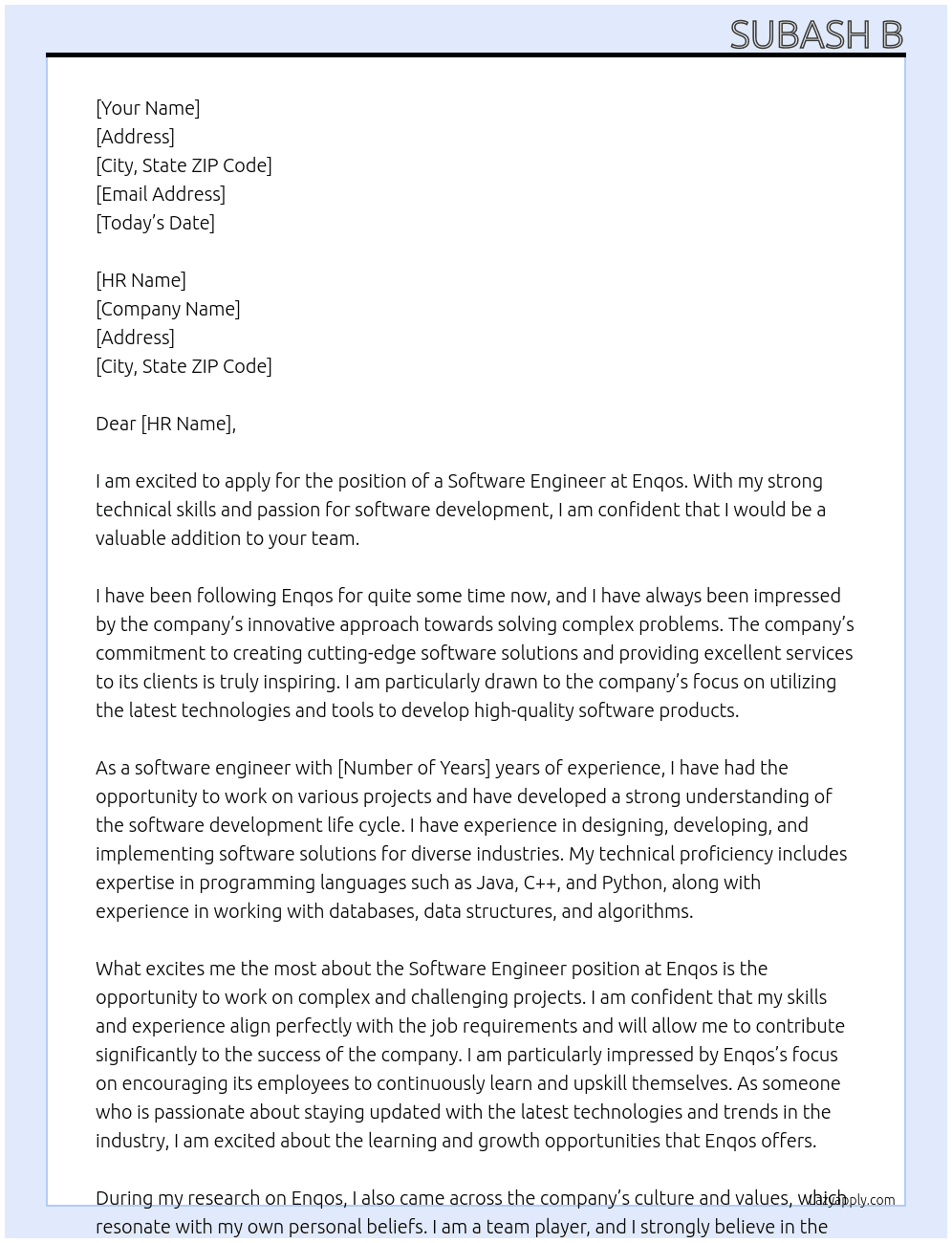 Software engineer  At Enqos  Cover Letter