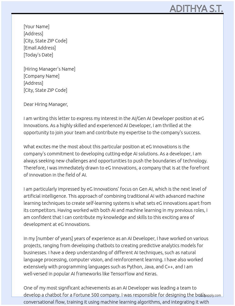 AI / Gen AI Developer At eG Innovations  Cover Letter