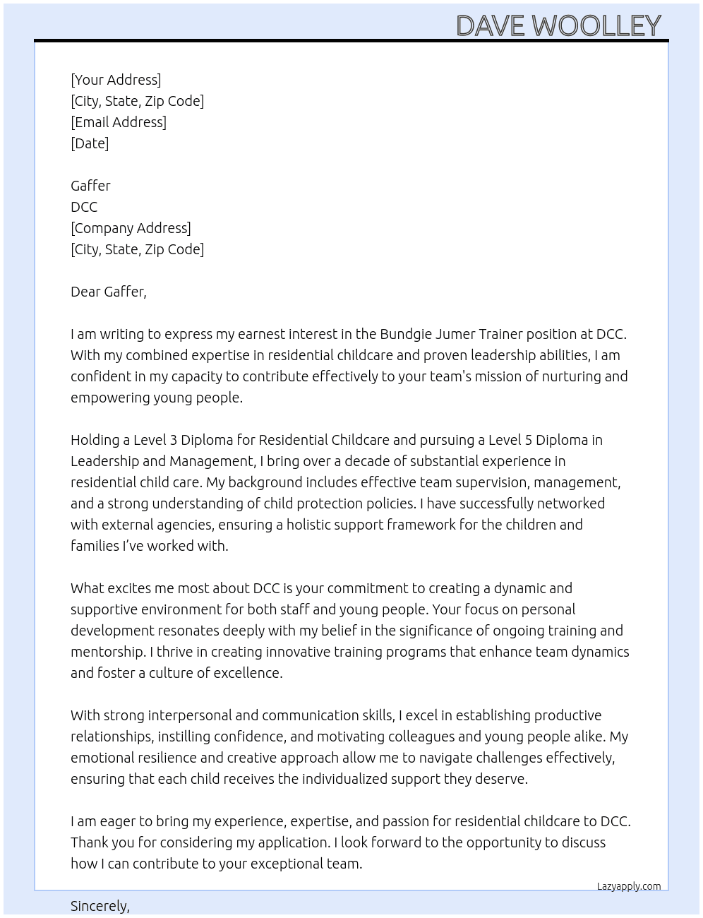 BUNDGIE JUMER TRAINER  At DCC Cover Letter