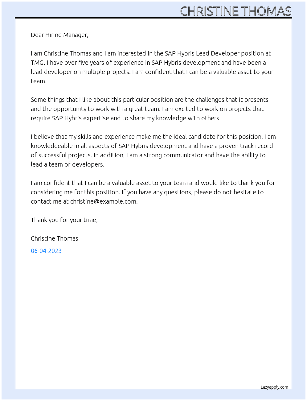 SAP Hybris Lead Developer At TMG Cover Letter
