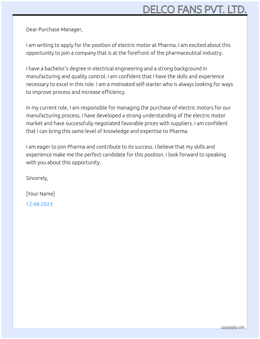 Electric motor At Pharma Cover Letter
