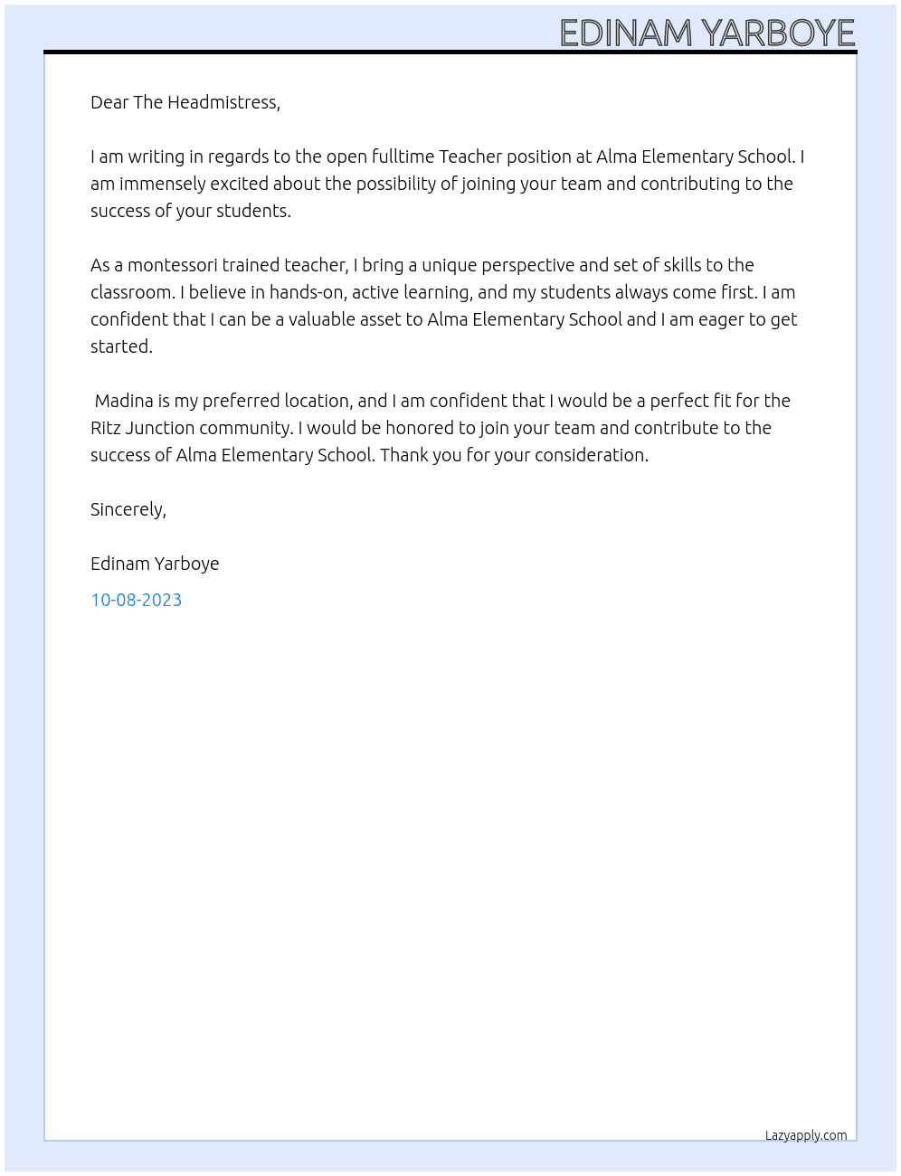 Teacher At Alma Elementary School Cover Letter