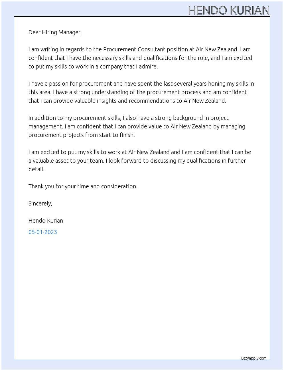 Procurement Consultant At Air New Zealand Cover Letter