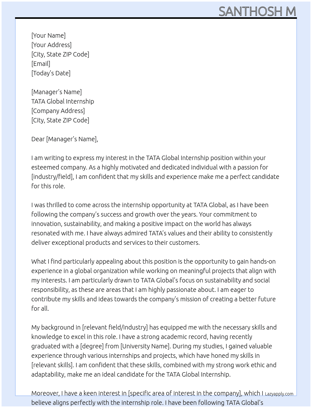 TATA global internship At TATA global internship Cover Letter