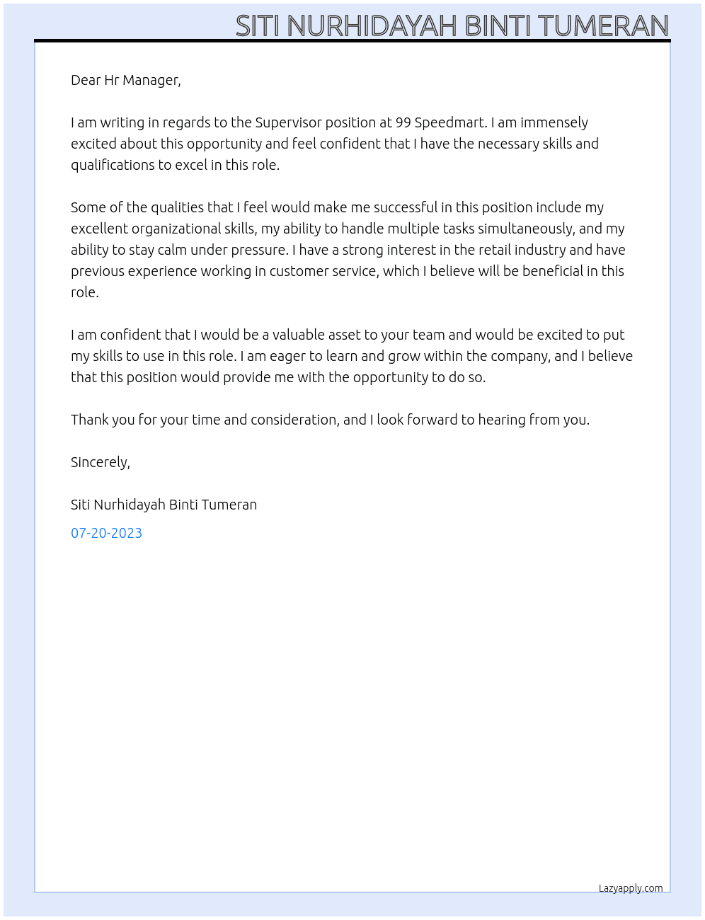 Supervisor At 99 Speedmart Cover Letter
