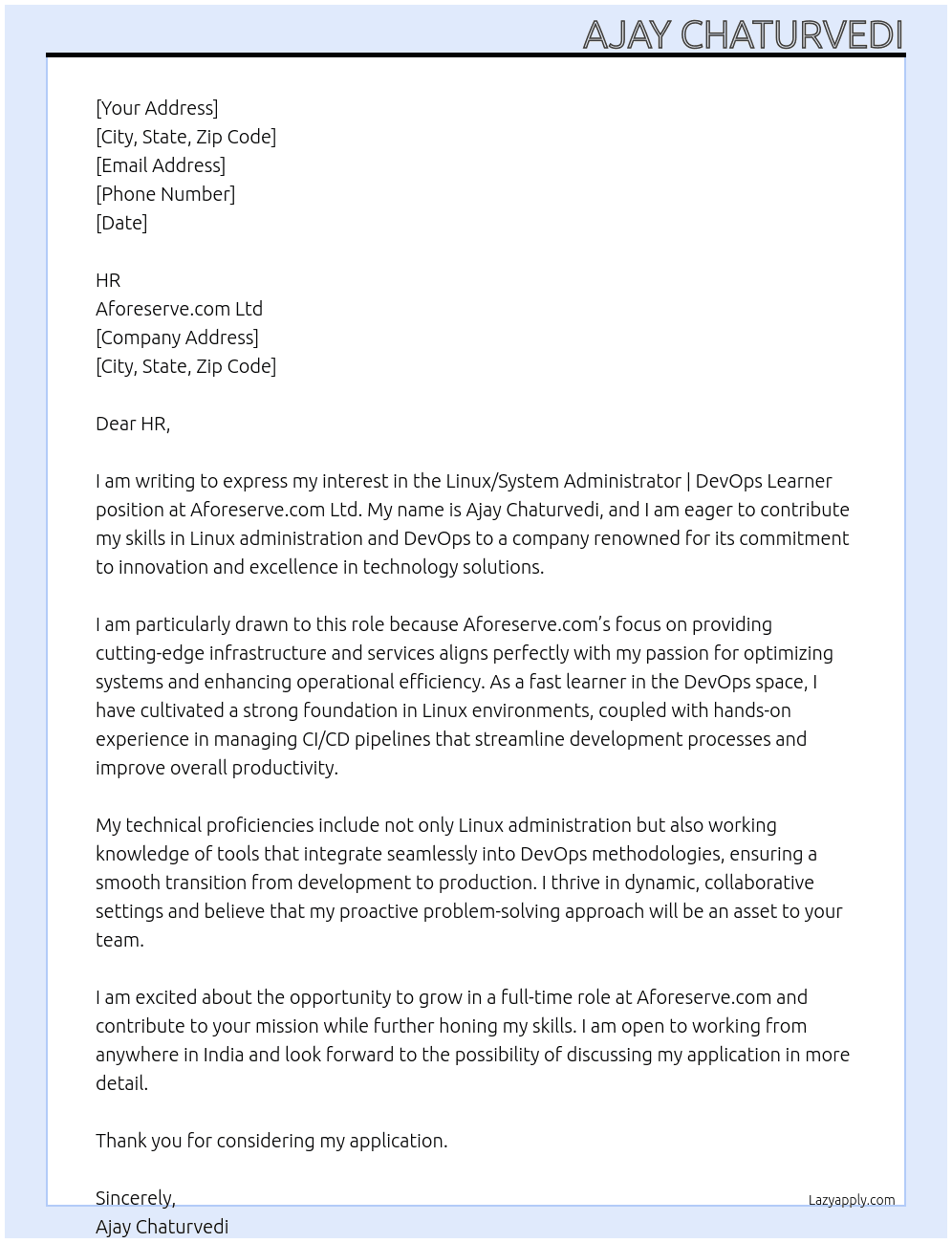 Linux/System Administrator|DevOps Learner At Aforeserve.com ltd Cover Letter