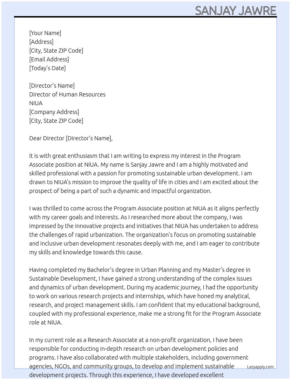 Program Associate  At NIUA Cover Letter