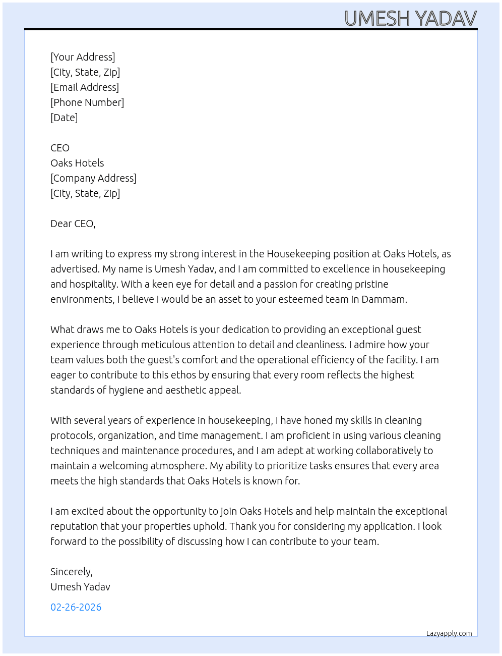 Housekeeping  At Oaks hotels Cover Letter