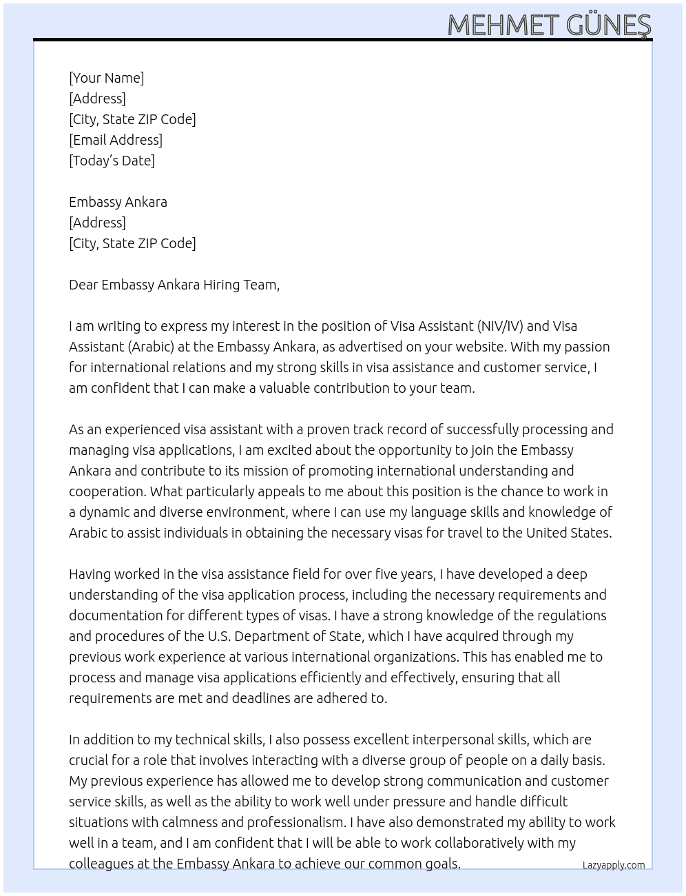 The Visa Assistant (NIV/IV) Visa Assistant (Arabic) Arabic At Embassy Ankara  Cover Letter