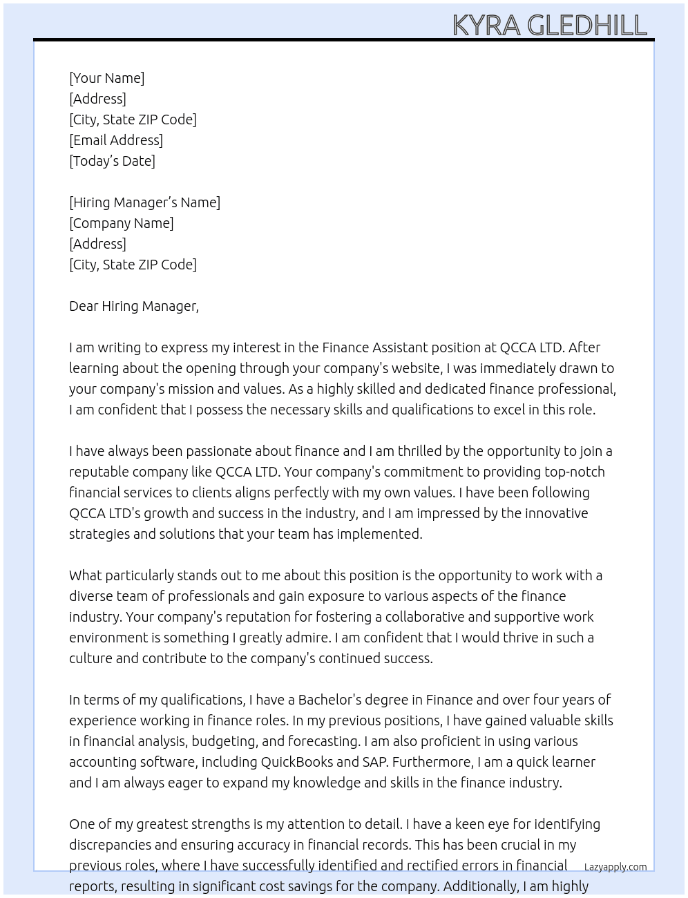 Finance assistant  At QCCA LTD Cover Letter