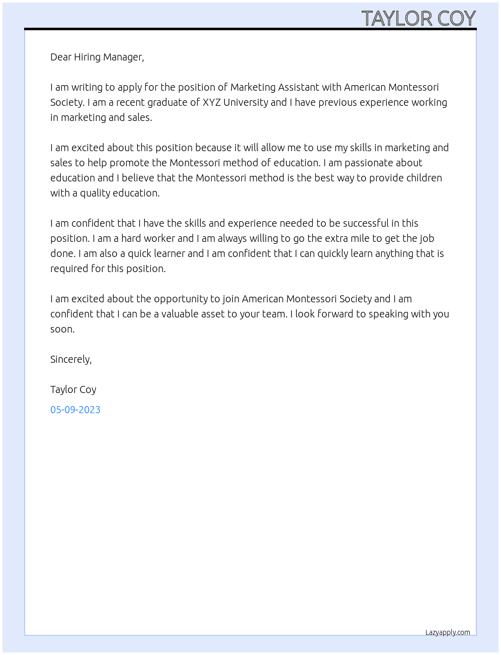 Marketing Assistant At American Montessori Society Cover Letter