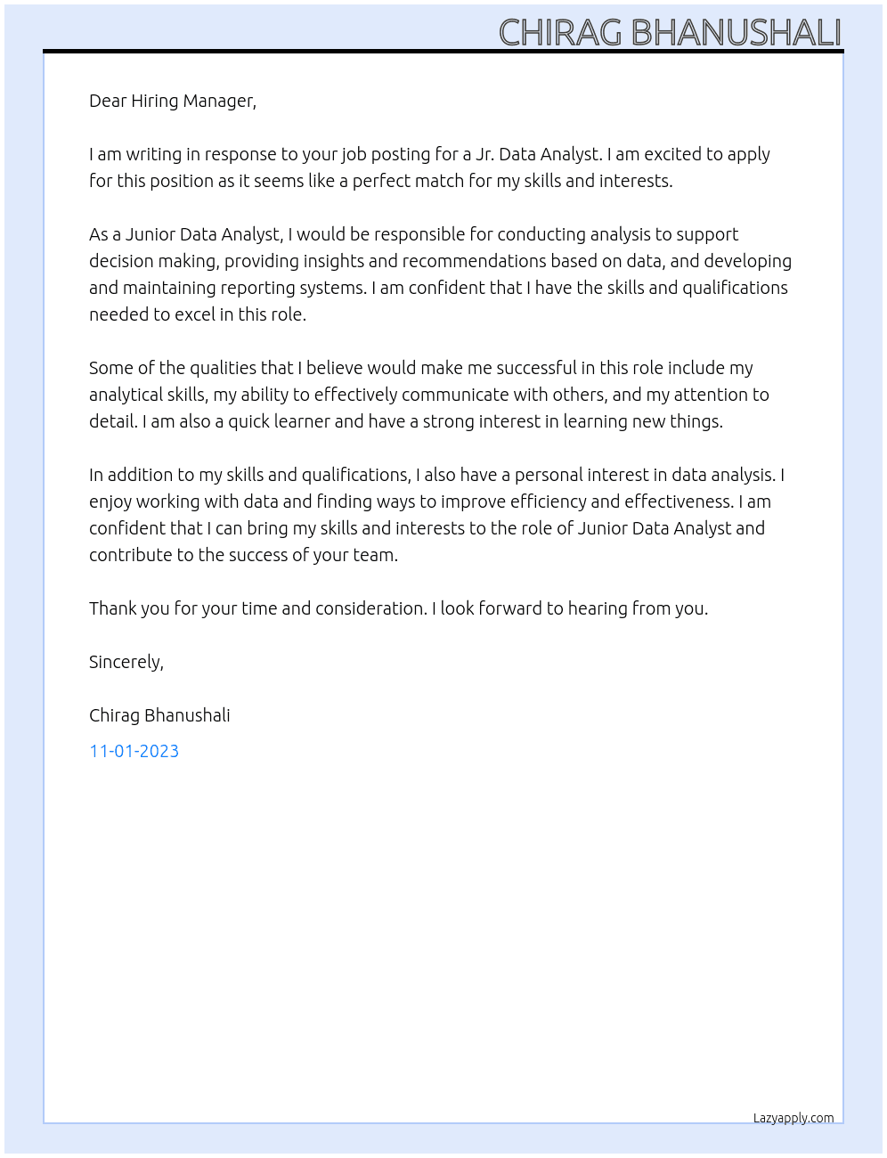 Jr. Data Analyst  At SinaLite Cover Letter