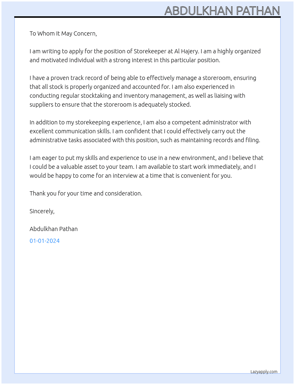 STOREKEEPER At AL HAJERY Cover Letter